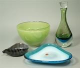 Lot 43:  4pc Art Glass Lot. 1. Green  Artist signed Green Bowl.  2. Low blue bowl with Murano label. 3. Artist's signed cased glass bottle decanter. 4. Small Venini style Bowl. Some Italian Murano. : Dimensions:  H: 5.75 inches: W: 9 inches --- US Shipping charge: $35