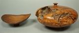 Lot 58:  2pcs  Woodworker Studio Objects. Burl Wood Vase Australian Mallee-Bill Jackson. Signed Low wood Bowl.: Dimensions:  H: 5 inches: W: 8 inches --- 