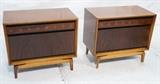 Lot 75:  Pr Belgium Modernist Rosewood Night Stands. Brass ring details. One Drawer with pull down door. Contrasting  beveled trim frame. Seriously stylish! Marked: Dimensions:  H: 22.25 inches: W: 25.75 inches: D: 14.5 inches --- 