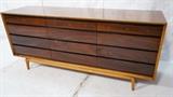 Lot 76:  Belgium Modernist Rosewood 12 drawer Dresser Credenza. Brass ring details. Contrasting beveled trim frame. Seriously stylish! Marked.: Dimensions:  H: 32.25 inches: W: 73.75 inches: D: 20 inches --- 