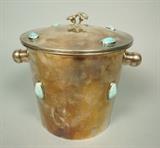 Lot 79:  Silver Plate Ice Bucket with Faux Turquoise Accents. Figural flower finial. Marked Alpaca.: Dimensions:  H: 8.5 inches: W: 9 inches --- US Shipping charge: $35