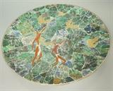 Lot 81:  LOS CASTILLO Taxco Footed Charger. Crushed stone with Mixed Metal Designs. Marked.: Dimensions:  H: 3 inches: W: 16 inches: D: 16 inches --- US Shipping charge: $35