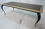 Lot 84:  Modernist Designer Bronze MASTERCRAFT style Coffee Table. Gold banded top with brown antiqued finish center. Black metal curved legs with metal accents. Mastercraft attribution: Dimensions:  H: 18 inches: W: 54 inches: D: 24 inches --- 