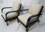 Lot 89:  Pr RUSSEL WRIGHT Black Lacquer Lounge Chairs. Ebonized Wood frames. Clean new beige upholstery.: Dimensions:  H: 30.25 inches: W: 26.5 inches: D: 34 inches --- 