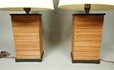 Lot 92:  PAUL FRANKL for BROWN SALTMAN Table Lamps. Banded wood design. Ebonized base & trim. Not marked.: Dimensions:  H: 22 inches: W: 13 inches --- 