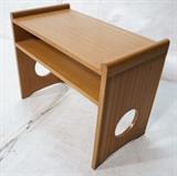 Lot 93:  PAUL FRANKL for BROWN SALTMAN Table. Banded wood design. Side circle cutouts. Top & lower shelf. Signed Brown SALTMAN stamp 1283. other marks: Dimensions:  H: 22 inches: W: 28.25 inches: D: 15 inches --- 