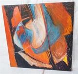 Lot 95:  Large Abstract Oil on Canvas Painting. FRANCOISE BAUDOIN D'HJOUX "Covenant I" Le Rouge ete la noiz. Signed and info on reverse : Dimensions:  H: 56 inches: W: 56 inches --- 