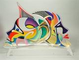 Lot 98:  Large Lucite Figural Sculpture with Colorful Litho Design. Two faces. Signed SCHLOMI HAZIZA. Israeli Artist & Sculptor.: Dimensions:  H: 16 inches: W: 21 inches: D: 10 inches --- 