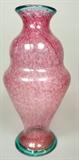 Lot 99:  Large Mottled Pink American Art Glass Vase. Aqua Green foot and rim. Not marked. : Dimensions:  H: 17 inches: W: 9 inches: D: 9 inches --- US Shipping charge: $35