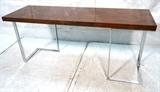 Lot 104:  Rosewood Chrome Console Hall Table. BAUGHMAN style. Thick rosewood top on wide flat chrome corner frame. : Dimensions:  H: 26.5 inches: W: 60 inches: D: 20 inches --- 