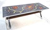 Lot 106:  Pottery Tile Top Chrome Base Coffee Table. Sea Creatures inc. lobsters, starfish. Signed P. ORI. Glazed ceramic tiles with textured relief designs. Wood & Chrome Base.: Dimensions:  H: 16 inches: W: 48.5 inches: D: 18.5 inches --- 