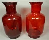 Lot 109:  PR Large Red Glass Vases. Tall vases with flared rim neck. Not marked. Blenko?: Dimensions:  H: 20 inches: W: 10 inches: D: 10 inches --- US Shipping charge: $50