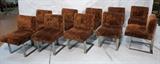 Lot 112:  Set 10 KAGAN Style Dining Chairs. Satin finish Chrome Frame with double back supports. Velour Wood grain fabric upholstery. Kagan attribution.: Dimensions:  H: 31 inches: W: 19 inches: D: 25 inches --- 