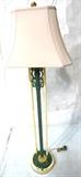 Lot 116:  Mastercraft style Brass Floor Lamp. Brass legs with green patina center column with Asian detail. Decorator.  Heavy quality.: Dimensions:  H: 56 inches: W: 18 inches: D: 12 inches --- 