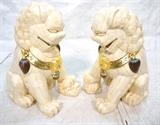 Lot 117:  Pr Large Decorator Lion Figures Sculptures. Pieced tile design with metal collar and trim. One steps on skull. One steps on animal. : Dimensions:  H: 28 inches: W: 21 inches: D: 17 inches --- 