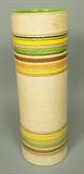 Lot 122:  Tall RAYMOR Italy Ceramic Pottery Cylinder Vase. Cream Ground with green, yellow, orange and brown striped bands. Remnants of paper label.: Dimensions:  H: 17 inches: W: 6 inches: D: 6 inches --- US Shipping charge: $35