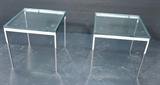 Lot 128:  Pr 1" thick Glass Top Chrome Side Tables. Thin square chrome tube legs & frame.: Dimensions:  H: 18 inches: W: 18 inches: D: 18 inches --- 