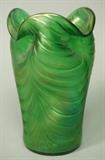 Lot 133:  LOETZ style Iridescent Green Art Glass Vase. Rippled Rim. Swag surface details. Polished pontil mark. Not marked: Dimensions:  H: 7 inches: W: 4 inches --- US Shipping charge: $20