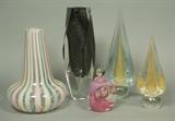 Lot 134:  5pc American Studio Art Glass. 1. Pink Stoppered Perfumer marked Philabaum 1987. 2. & 3). Cased Glass flame finials with gold interiors. 4. Long neck vase with internal pastel stripes. not marked. 5. Faceted Cased Glass Vase with black & Silvered interior, unmarked.: Dimensions:  H: 10.5 inches: W: 3.5 inches --- US Shipping charge: $35
