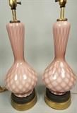 Lot 137:  Pr Murano Quilted Purple Art Glass Lamps. Diamond quilted design. Metal bases.: Dimensions:  H: 36 inches: W: 9 inches --- 