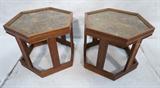 Lot 139:  Pr BROWN SALTMAN Hexagonal Side Tables. Walnut American Modern. Pebbled Gold Texture under glass tops. Open Base. Marked.: Dimensions:  H: 15.5 inches: W: 18 inches: D: 18 inches --- 