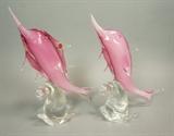 Lot 141:  Pr FORMIA Vetri di Murano Art Glass Italian Fish Sculptures. Pink Sword Fish. Foil label: Murano. : Dimensions:  H: 14 inches: W: 12 inches: D: 4 inches --- US Shipping charge: $35
