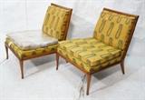Lot 158:  Pr ROBSJOHN GIBBINGS American Modern Slipper Chairs. Gold print fabric. Urban Furniture Co Paper label. : Dimensions:  H: 32 inches: W: 27 inches: D: 30 inches --- 