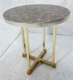 Lot 162:  Metallic glazed ceramic tile top Round Side Table. Brass tone frame. Mosaic tile top.: Dimensions:  H: 21.5 inches: W: 20.5 inches --- 