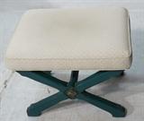 Lot 170:  LAWSONIA Upholstered Stool Bench. Green Wood "X" Stretcher with brass quatrefoil detail. Cream fabric upholstery: Dimensions:  H: 18 inches: W: 23 inches: D: 18 inches --- 