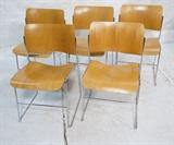 Lot 174:  5pc DAVID ROWLAND Stacking Chairs. Laminated Wood on chrome tube frame. #40/4 Chair. Signed And stamped. : Dimensions:  H: 33 inches: W: 18 inches: D: 21 inches --- 