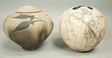 Lot 179:  2pc American Studio Pottery. 1. Raku finish lidded vessel. 2. Burnished finish. Both signed.: Dimensions:  H: 8 inches: W: 8 inches --- US Shipping charge: $50