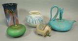 Lot 180:  5pc American Studio Pottery. 1. Turquoise glazed architectural style teapot; chip to spout. signed. 2. Cabat style weed pot. signed. 3. Pottery elephant. 4. Tall Michael Crumb vase. 5. Bulbous Vase. Most signed: Dimensions:  H: 8.25 inches: W: 9 inches --- US Shipping charge: $50