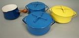 Lot 183:  4pcs DANSK KOBENSTYLE Enamel Ware. Sauce Pots. 3 Lidded Pots. Yellow & Cobalt Blue Enamel.: Dimensions:  H: 5 inches: W: 5.25 inches: D: 8 inches --- US Shipping charge: $35