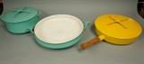 Lot 184:  3pcs DANSK KOBENSTYLE Enamel Ware. Paella Pan. Skillet. Lidded Pot.  Yellow & Aqua Enamel.: Dimensions:  H: 3.75 inches: W: 17.25 inches: D: 13.75 inches --- US Shipping charge: $35