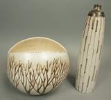 Lot 185:  2pcs American Studio Pottery Lot. Tall Vase with vertical stripe design, marked. Large Bulbous Vase with tree form design, marked A.D.: Dimensions:  H: 13.5 inches: W: 3.5 inches --- US Shipping charge: $50