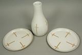 Lot 186:  3pcs American MARSHALL STUDIOS Crosses Pattern. Studio Pottery Lot. Tall Vase. Two Plates. All marked: Dimensions:  H: 9.75 inches: W: 4.75 inches --- US Shipping charge: $35