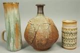 Lot 187:  3pcs American Studio Pottery Lot. 1. RAYMOND GALLUCCI Vase with applied slab decoration. 2. JIM FINEMAN Vase. 3. Tall Pitcher, marked. : Dimensions:  H: 11 inches: W: 8.5 inches --- US Shipping charge: $50