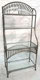 Lot 205:  Steel HOWARD SHAVER style Bakers Rack Etagere. Welded Stainless Steel with Glass Shelves. : Dimensions:  H: 78 inches: W: 36 inches: D: 19.5 inches --- 