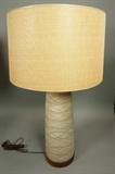 Lot 207:  MARSHALL STUDIOS Tall Ceramic Lamp. MARTZ Two Part Pottery Lamp. Wood Trim & Finial. Original Martz paper label. Signed.: Dimensions:  H: 33 inches --- 