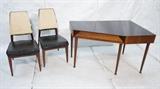 Lot 212:  4pc GROSFELD HOUSE. Corner Desk. Two Chairs. Large Two Drawer Shelf. One drawer desk with black laminate top.  Neat triangular legs on desk.: Dimensions:  H: 29.75 inches: W: 48.5 inches: D: 32.25 inches --- 