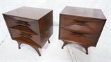 Lot 217:  Pr American Modern Night Stands. Deep triangular shaped details to drawer fronts. Horizontal wood pulls. : Dimensions:  H: 24.75 inches: W: 21.5 inches: D: 16 inches --- 