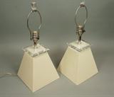 Lot 220:  Pr Modern Faux Snakeskin Pyramid Table Lamps. Lucite Slab Accents.  Springer style.: Dimensions:  H: 22 inches: W: 9 inches: D: 9 inches --- US Shipping charge: $50