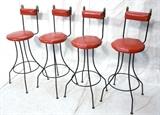 Lot 223:  Set 4 Decorator Iron & Brass Swan Head Bar Stools. Red seats and back rests. Black Iron frames with brass swan heads.: Dimensions:  H: 45 inches: W: 17.25 inches: D: 17.25 inches --- 