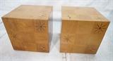 Lot 231:  Pr Inlaid Exotic Wood Cube Side Tables. Inlaid star burst and compass points in square tiles. Remnants of label. : Dimensions:  H: 17.75 inches: W: 17 inches: D: 17 inches --- 