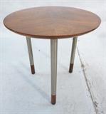 Lot 232:  Round Side Table.  Pie Slice Wood Top. Brushed Metal legs with wood caps.  Juhl style.: Dimensions:  H: 18 inches: W: 18 inches --- 