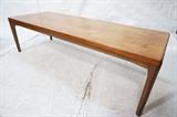 Lot 234:  Danish Modern Teak Coffee Cocktail Table. Corner legs. Not marked: Dimensions:  H: 18 inches: W: 64.5 inches: D: 23.5 inches --- 