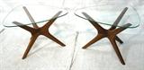 Lot 242:  Pr ADRIAN PEARSALL Glass Top End Tables. American Modern Walnut. Triangular Glass Tops with Tripod Bases.: Dimensions:  H: 19.75 inches: W: 24 inches: D: 27.25 inches --- 