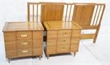 Lot 248:  3pc WIDDICOMB Modernist Night Stands & Headboard. Three Drawer Stands with recessed brass pulls. Shaped fronts. Brass foot caps. With Headboard 38.5"h x 62"L. Marked.: Dimensions:  H: 24.5 inches: W: 25 inches: D: 18 inches --- 