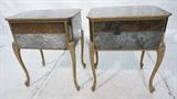 Lot 259:  Pr Decorator Antiqued Mirror End Tables Stands. Fancy Carved Antiqued Gilt Legs. Large pull out drawer. : Dimensions:  H: 37.5 inches: W: 22 inches: D: 16.5 inches --- 