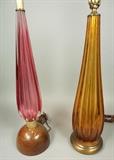 Lot 262:  2 Murano Glass Teardrop Table Lamps. Mid century modern.  Both ribbed design. : Dimensions:  H: 34.75 inches: W: 7 inches --- 